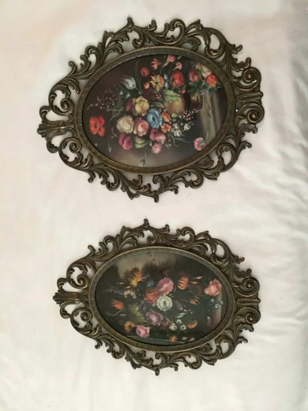 2 Vintage Italian Floral Print Ornate Metal/Brass Frame Convex Bubble Glass